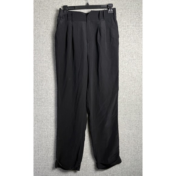 Lily Silk Black Pleated Front Mulberry Silk Loose Cuffed Hem Pants 27 US 4/6 SM
